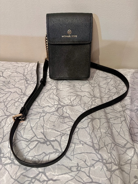 Michael Kors Handbags - Michael Kors Jet Set Charm Saffiano Leather Phone Crossbody Black Gold Chain